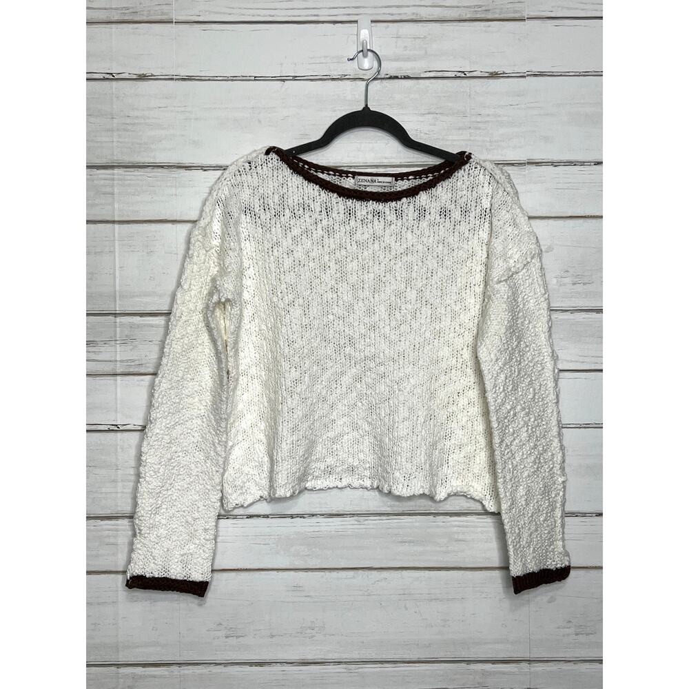 Zenana Ivory Chunky Knit Sweater Cropped Pullover Brown Trim Boho Cozy Small
